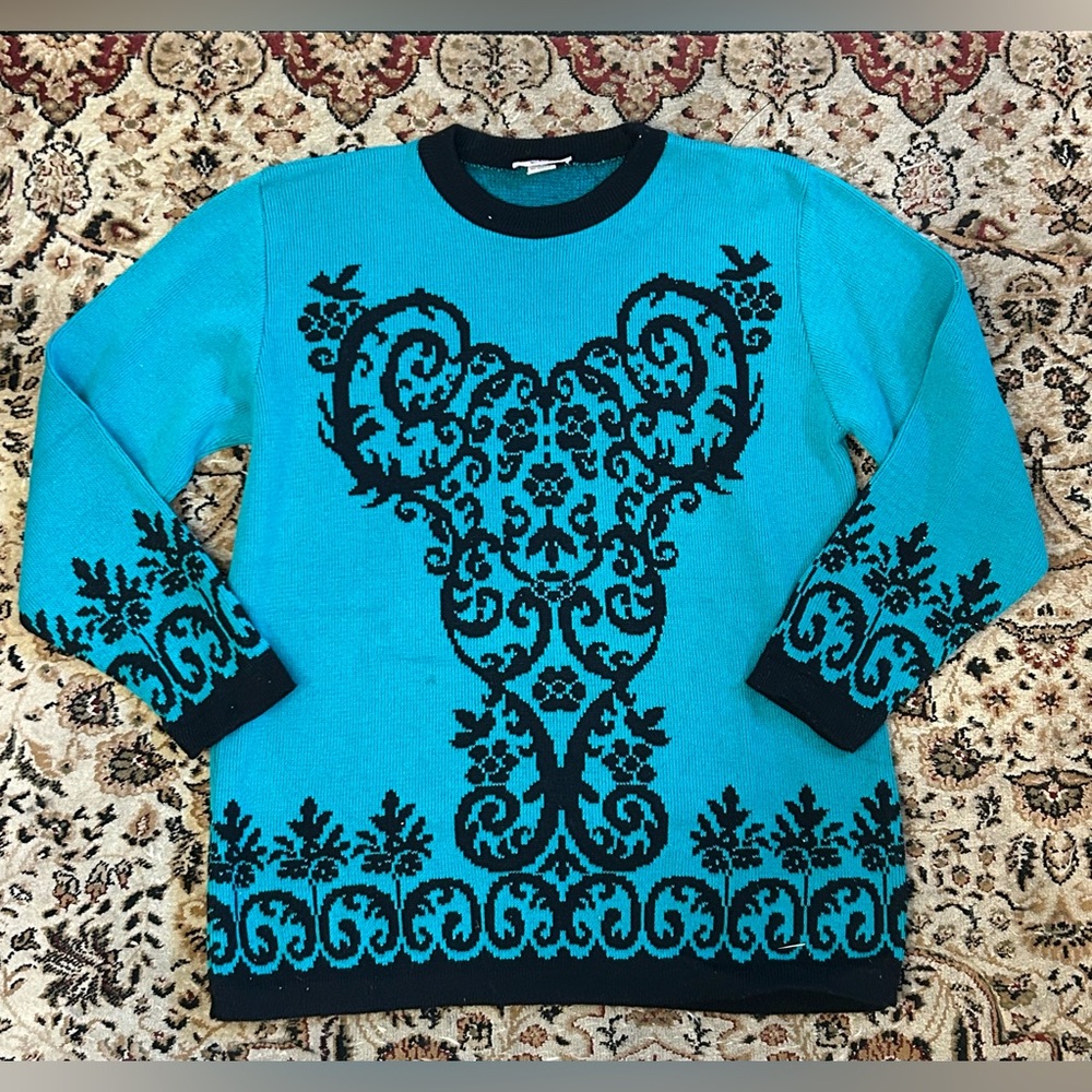 Vintage women 80s Adele Knitwear Sweater green black Floral Large USA Made